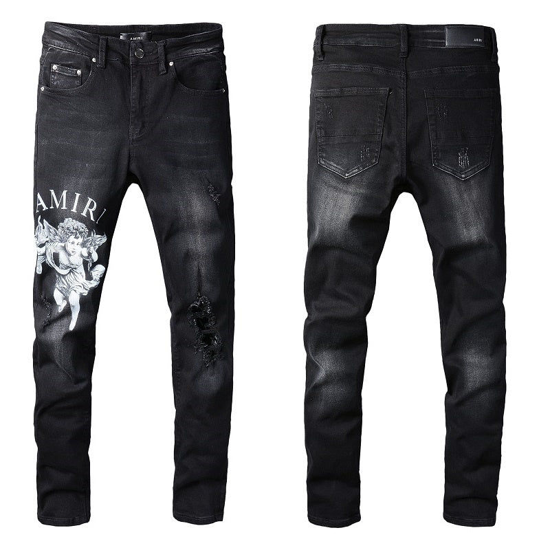 Men's Amiri Jeans black slim fit straight-leg jeans ripped tie-dye