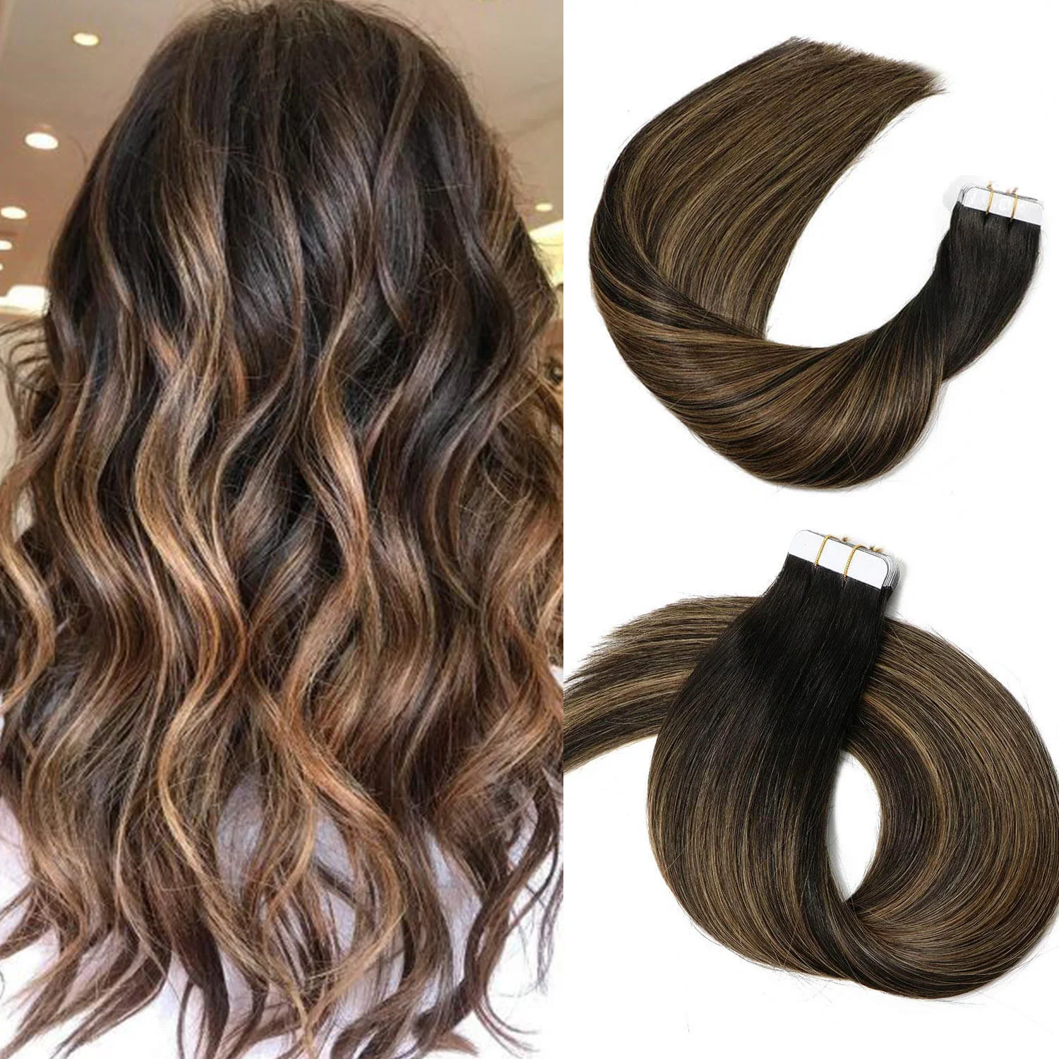 Natural Black Root with Chestnut Brown Highlights Straight Tape In Hair Extensions