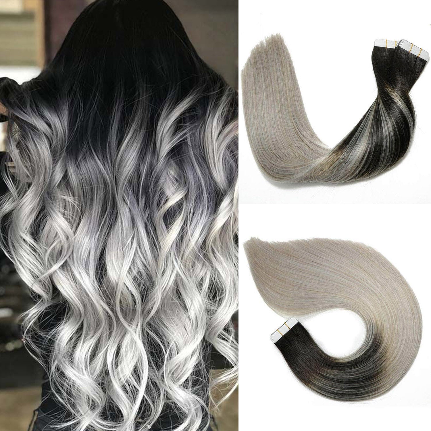 Black Root Silver Grey Straight Tape In Hair Extensions