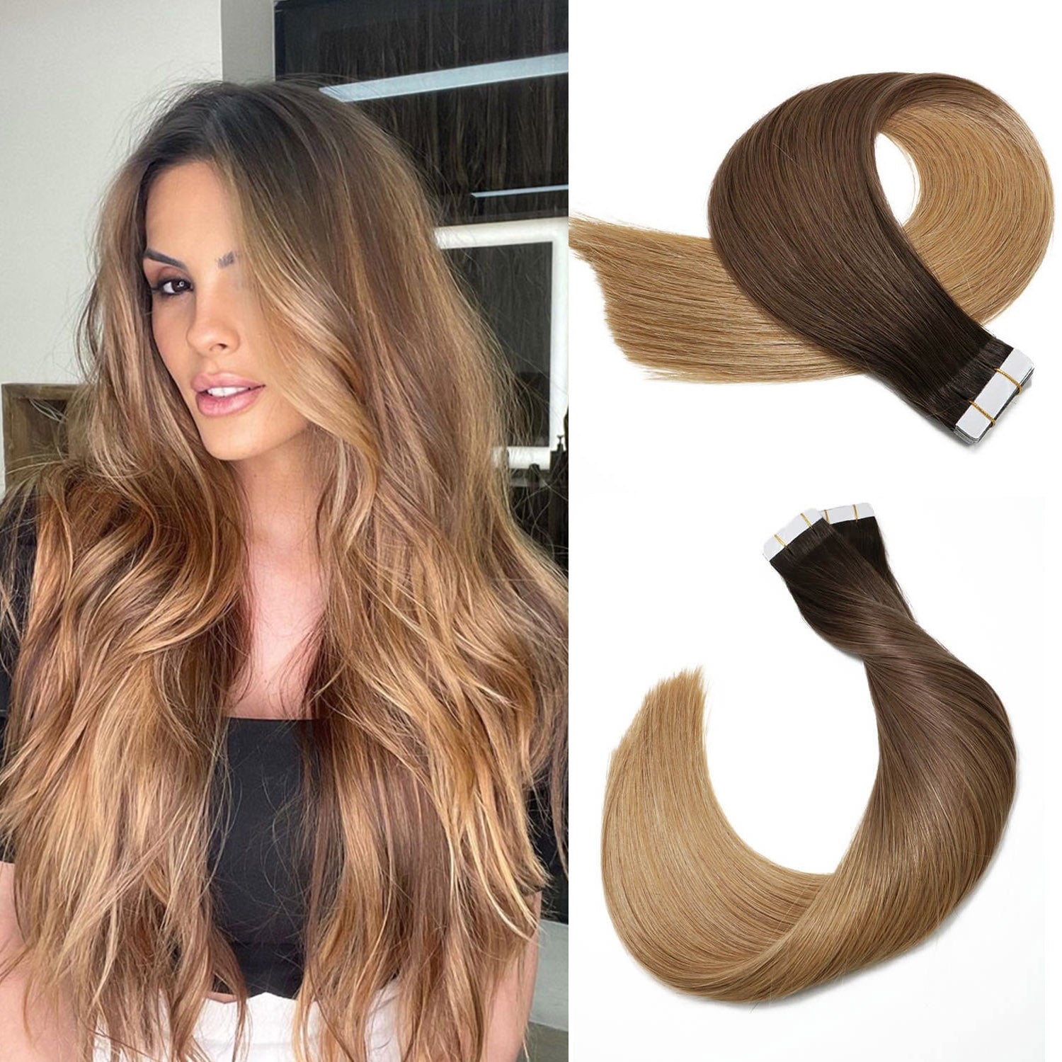 3 Colors Ombre Dark Brown to Honey Blonde Straight Tape In Hair Extensions