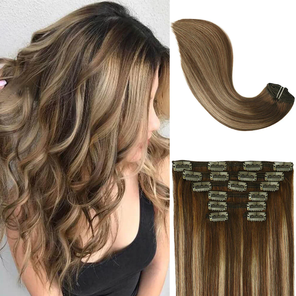 Chocolate Brown Root with Honey Blonde Highlights Clip In Hair Extensions 120g Set