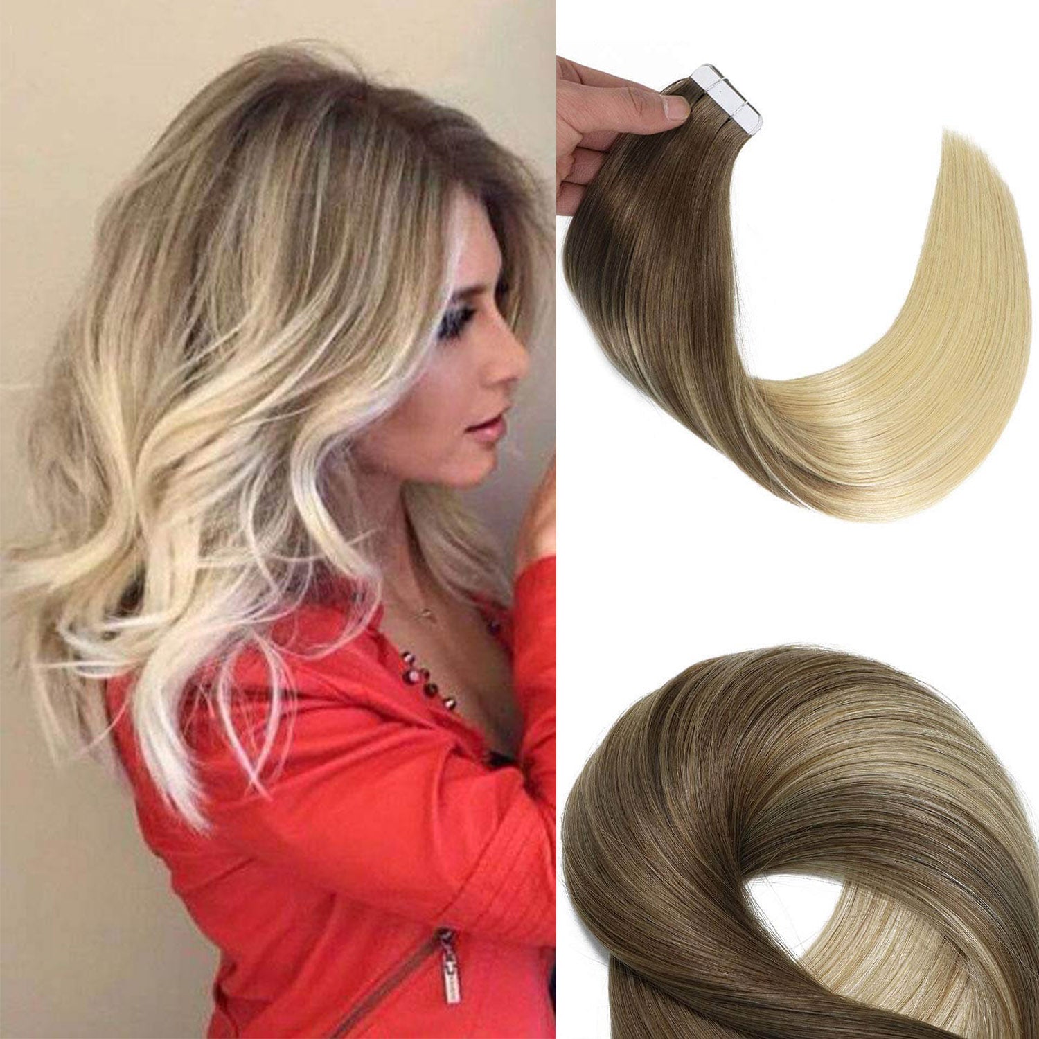 Ombre Ash Brown Fading to Platinum Blonde Straight Tape In Hair Extensions