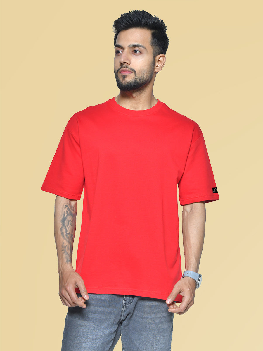 Oversize Red Men's Round Neck Cotton T-Shirt
