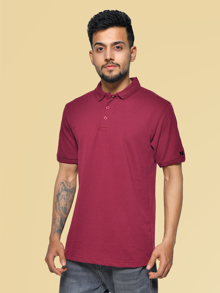 Maroon Men's Collar Neck Cotton T-Shirt