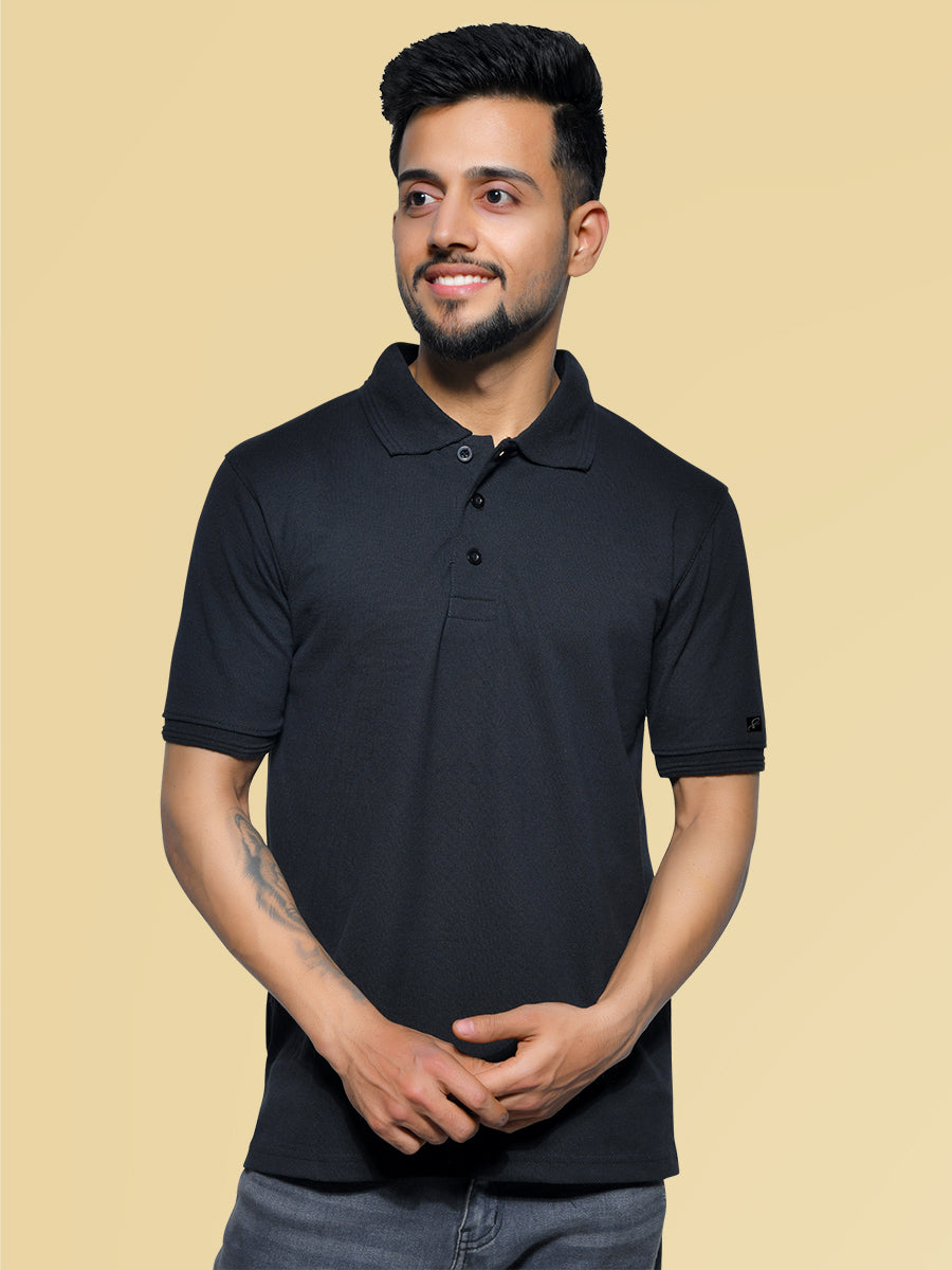 Black Men's Collar Neck Cotton T-Shirt