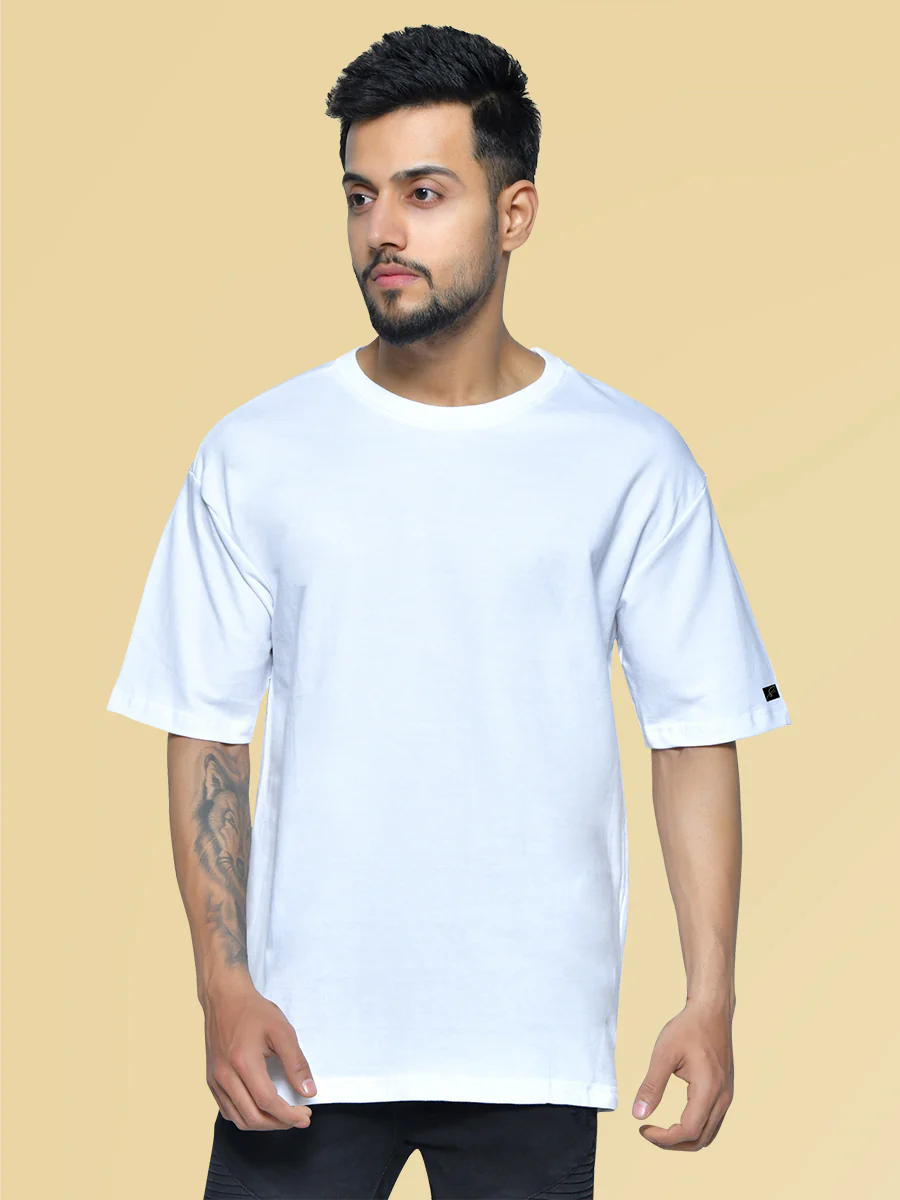 Oversize White Men's Round Neck Cotton T-Shirt