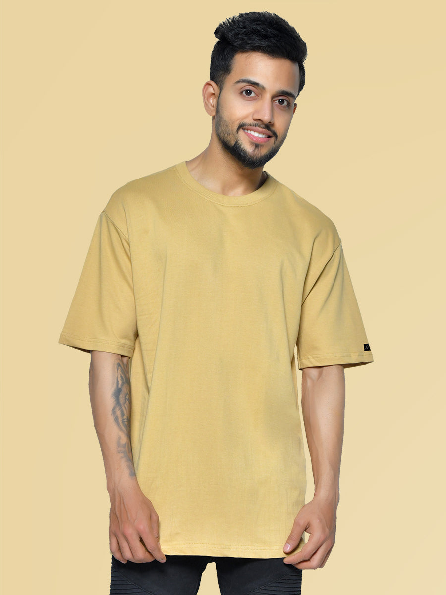 Oversize Beige Men's Round Neck Cotton T-Shirt