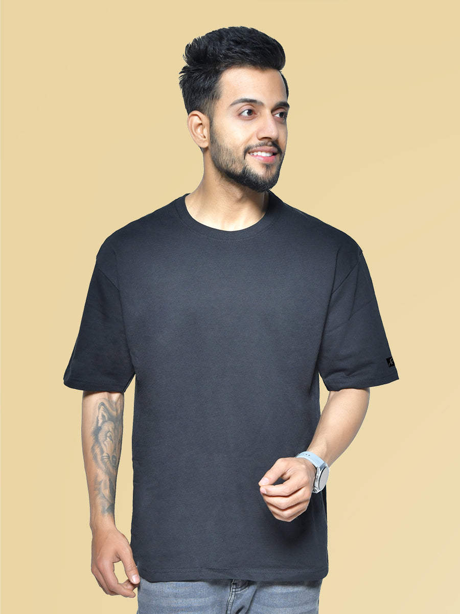 Oversize Black Men's Round Neck Cotton T-Shirt