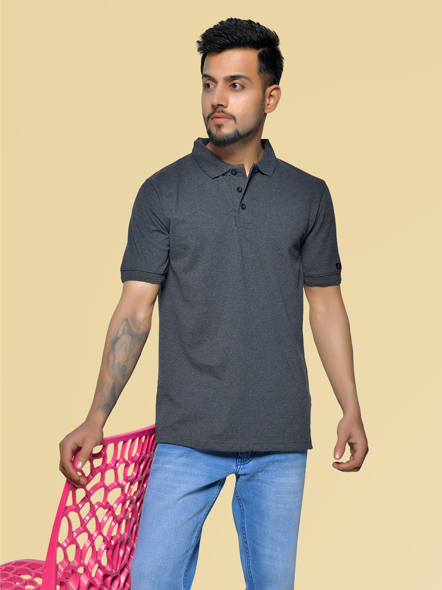 Charcoal Men's Collar Neck Cotton T-Shirt