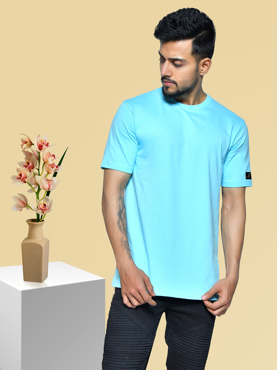 Aqua Blue Men's Round Neck Cotton T-Shirt