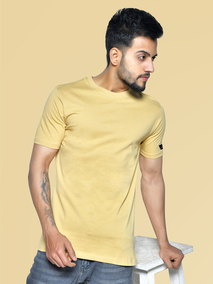 Beige Men's Round Neck Cotton T-Shirt