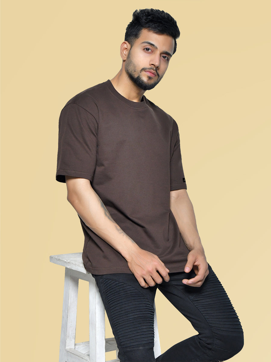 Oversize Brown Men's Round Neck Cotton T-Shirt