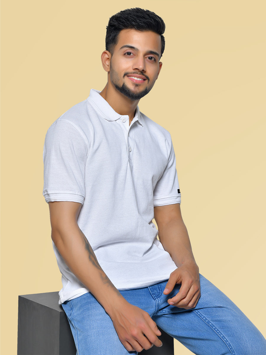 White Men's Collar Neck Cotton T-Shirt