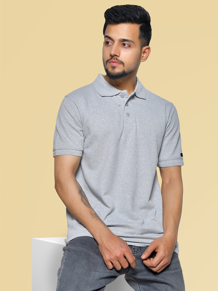 Melange Grey Men's Collar Neck Cotton T-Shirt