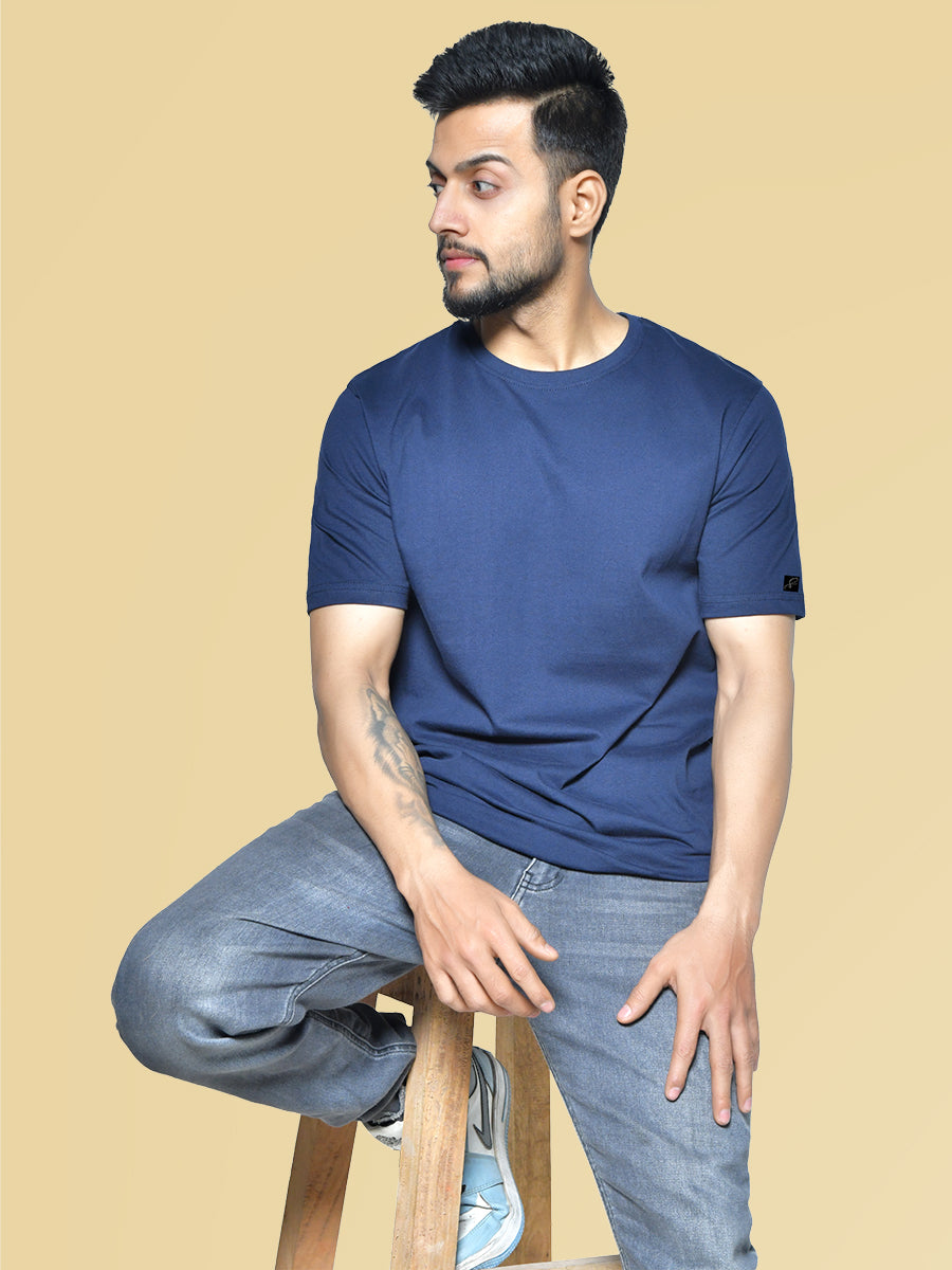 Navy Blue Men's Round Neck Cotton T-Shirt