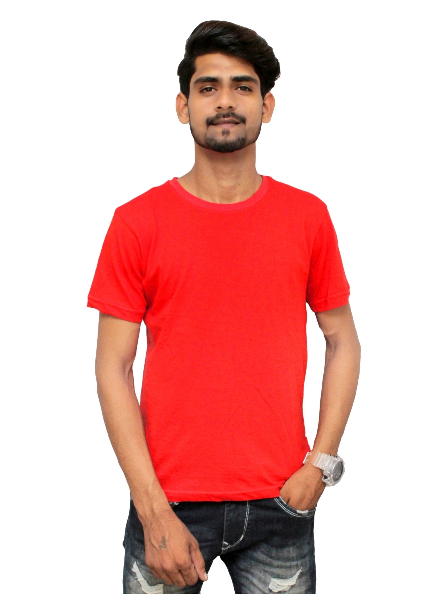 Men's Solid Cotton Red Round Neck Tee