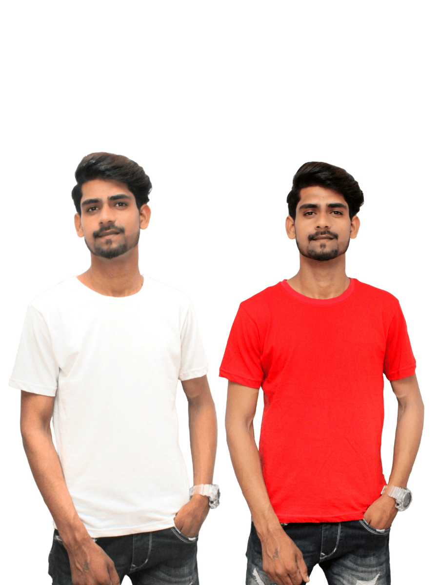 Men's Solid Cotton White & Red Round Neck Tee (Pack of 2)