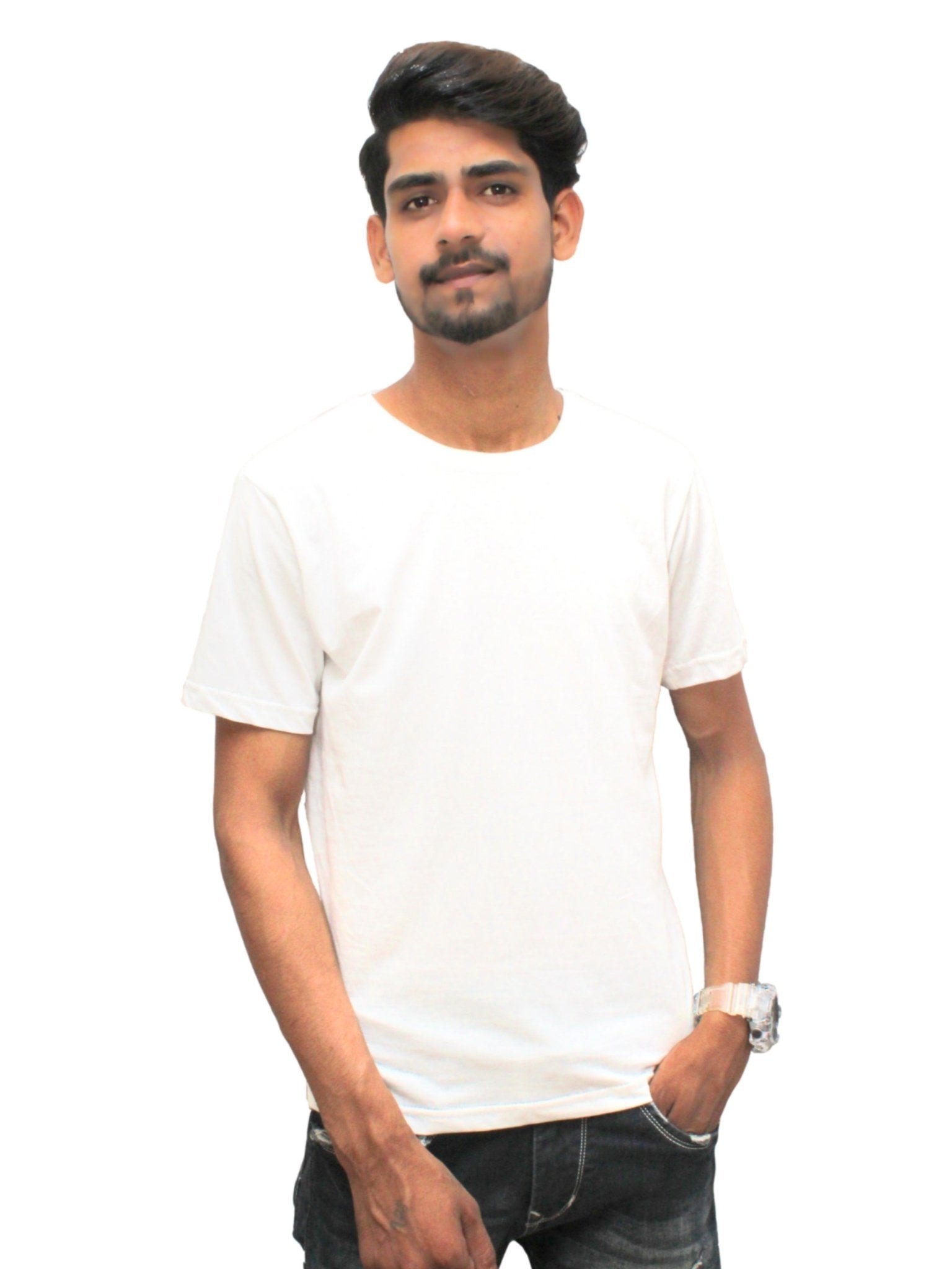 Men's Solid Cotton White Round Neck Tee