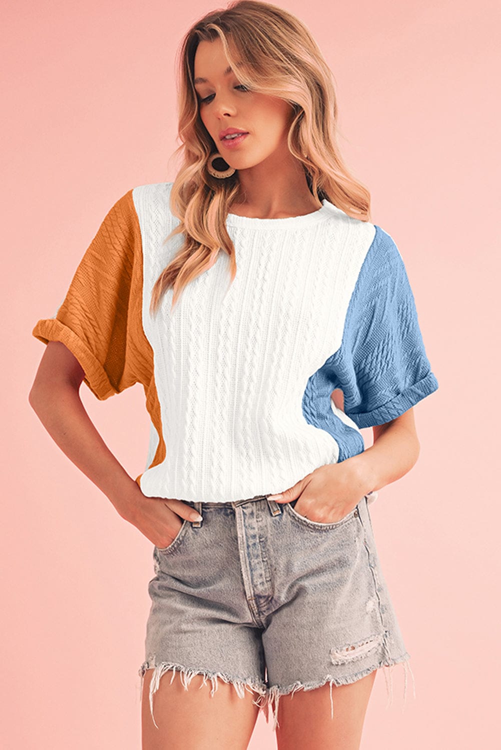 Light Blue Color Block Textured Loose Fit T Shirt