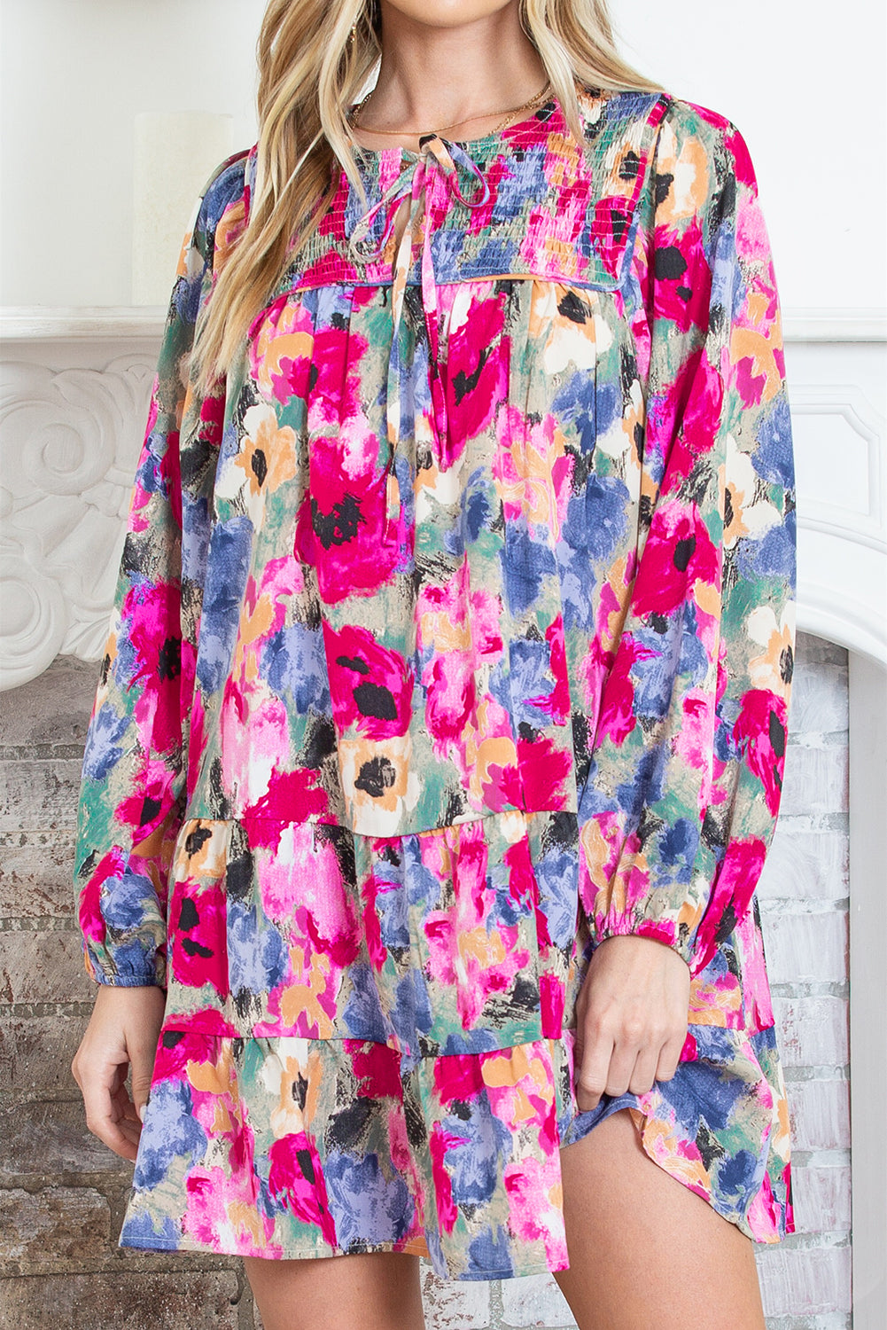 Multicolor Boho Floral Print Tie Neck Smocked Dress