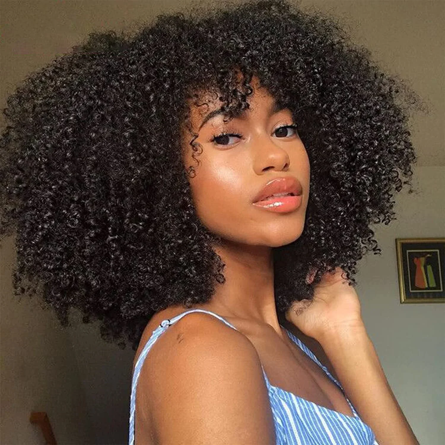 Afro Kinky Curly Wigs with Bangs 200% Density Brazilian Remy Human Hair Full Machine Made Wigs Short Afro Curly Wigs For Women