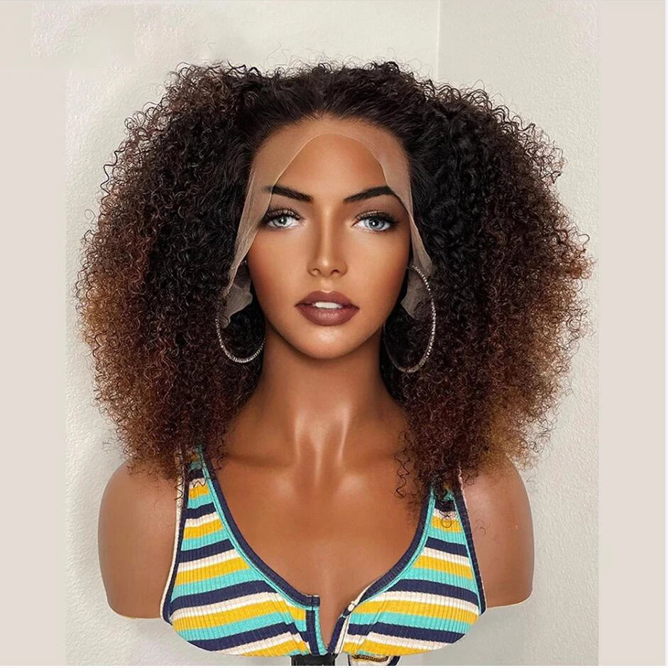 Soft Ombre Honey Blonde Brown 26”Long 180Density Preplucked Glueless Kinky Curly Lace Front Wig For Black Women BabyHair Daily