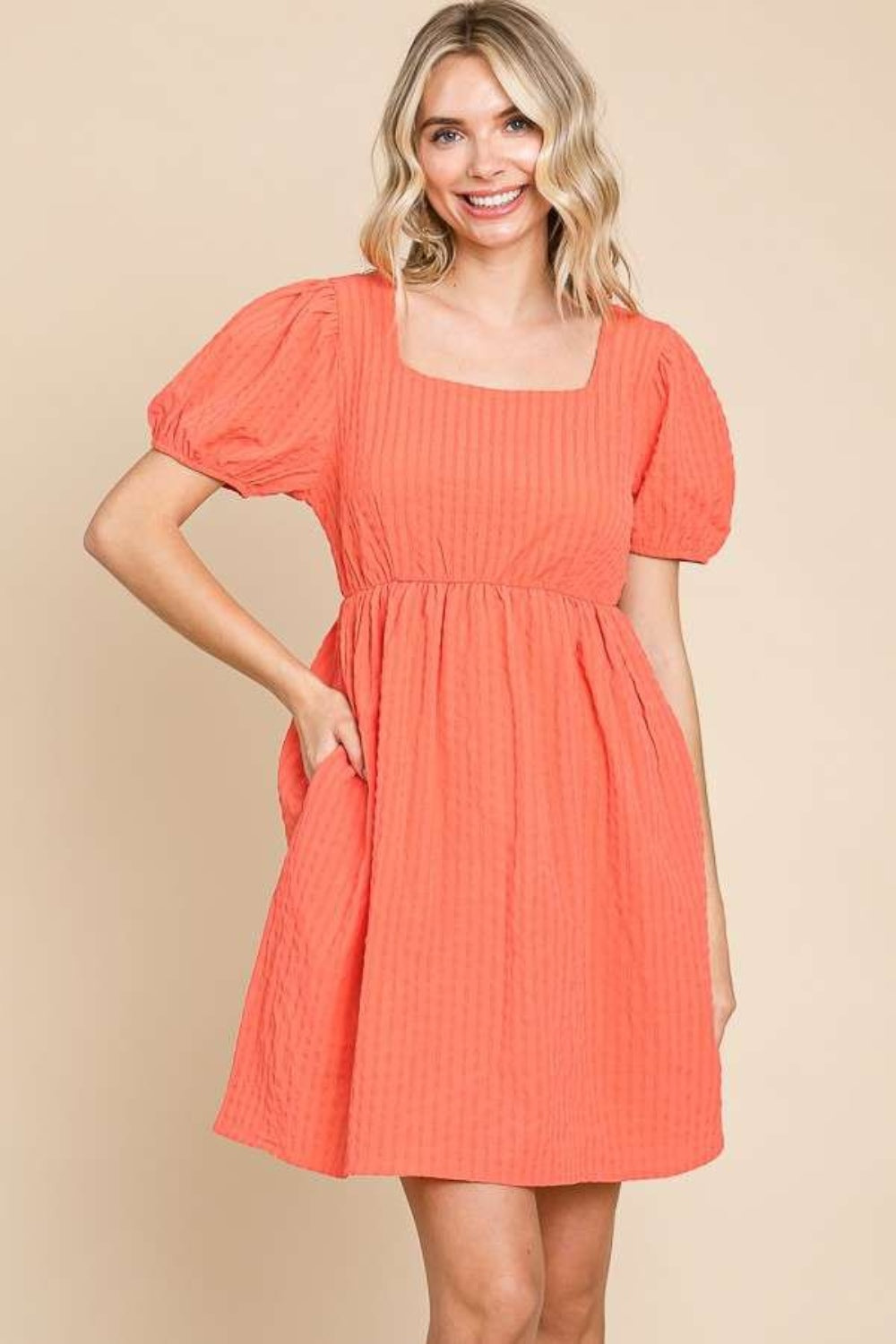 Cupid's Touch Textured Square Neck Short Sleeve Dress