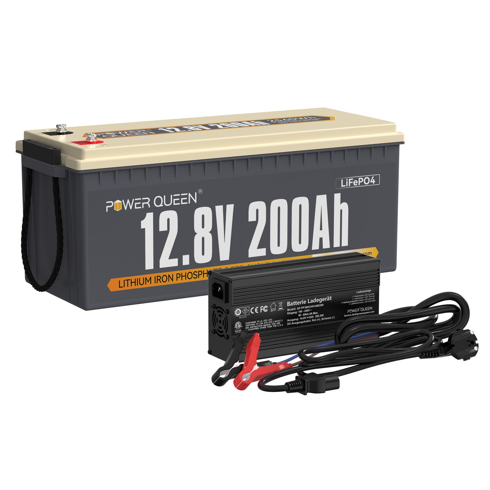 Power Queen 12V 200Ah LiFePO4 Batterie mit 14,6V 20A LiFePO4 Ladegerät