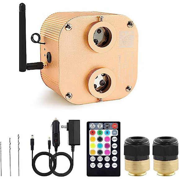 20W Twinkle Dual Head Fiber Optic Light Engine for Starlight Headliner, Bluetooth App/RF Remote Control, Car Plug & Power Adapter, PG Connector & 3 Drill Bits
