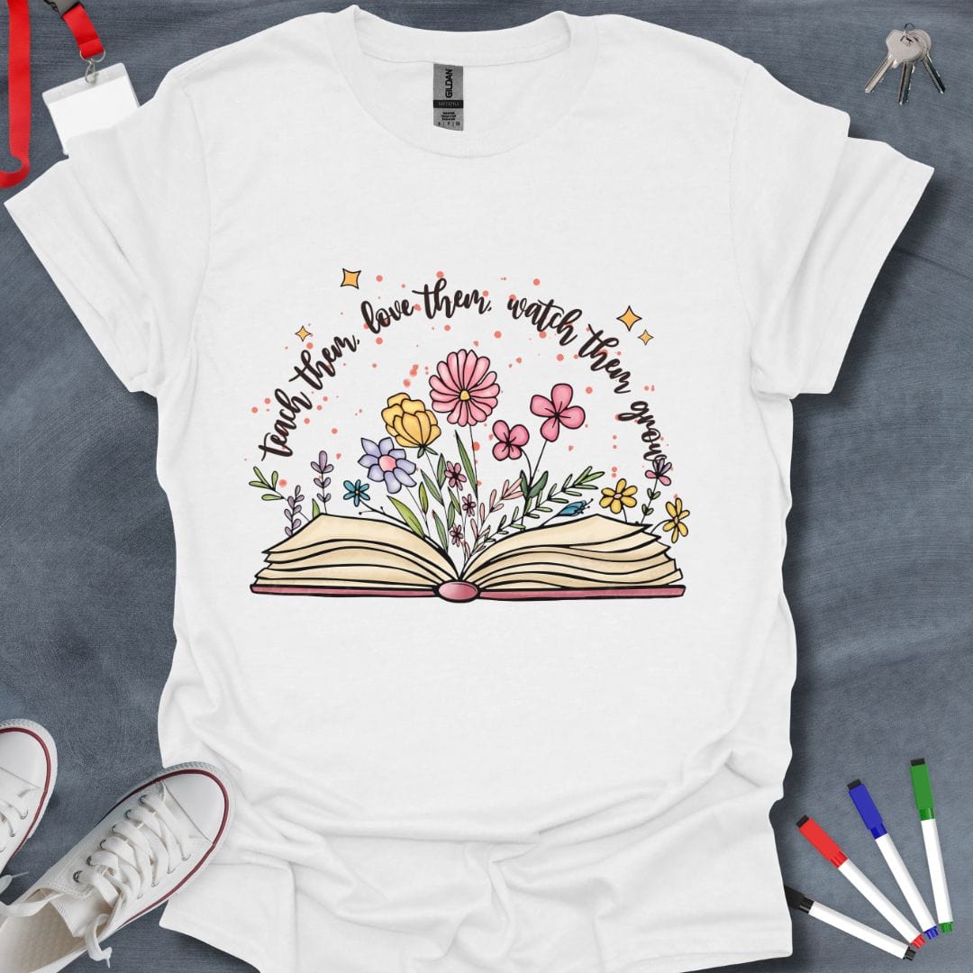 Teach, Love, Grow Floral Book T-Shirt