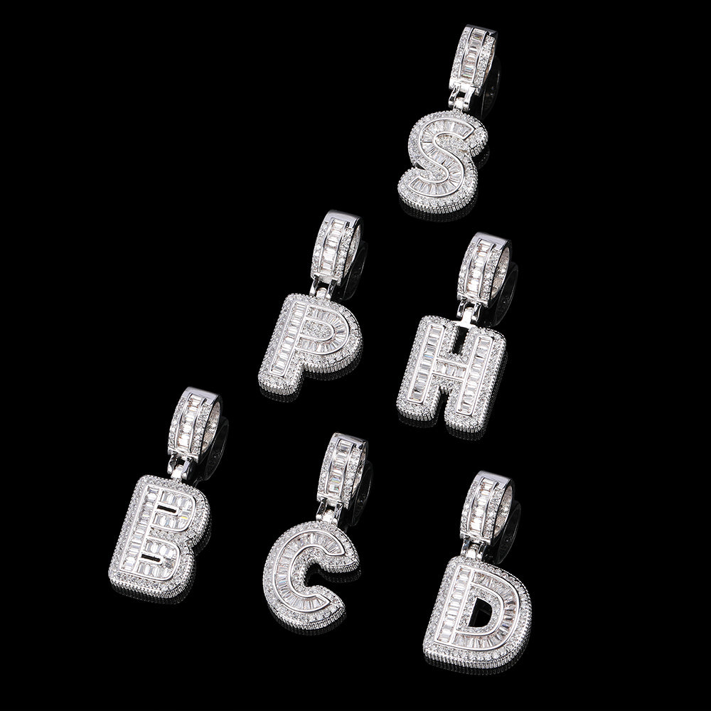 MA Single Initial Bubble Baguette Pendant