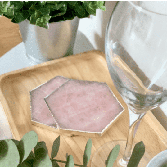 Natural Rose Quartz Crystal coaster with gold trim