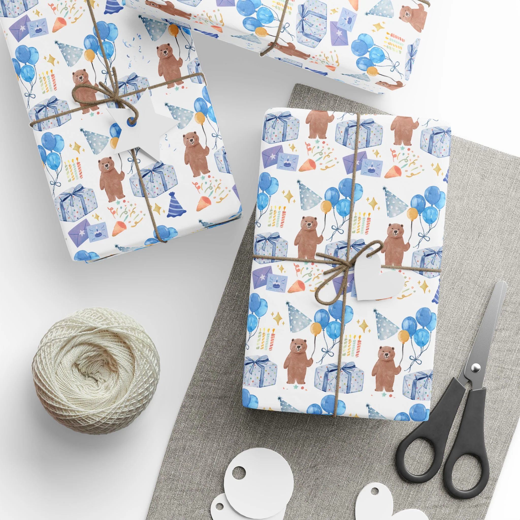 Wrapping Paper - Whimsical Blue and Brown Bear Design - Birthday