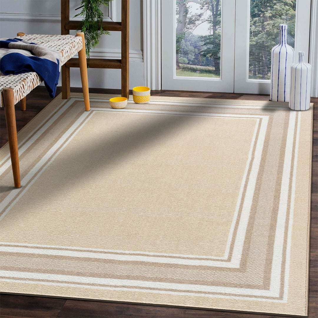 Carmel Beige Bordered Non-Slip Indoor Area Rug