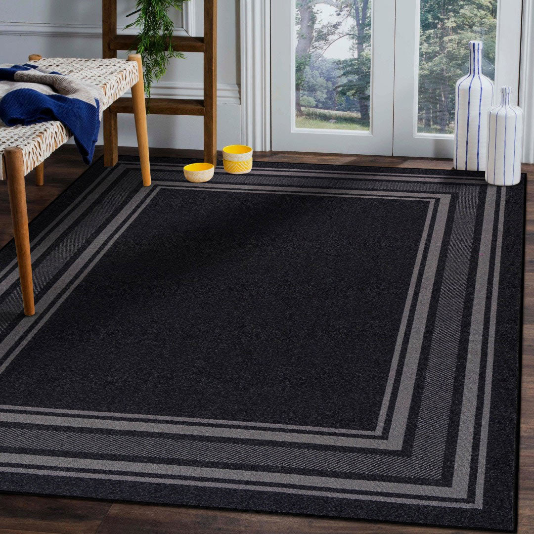 Carmel Black Bordered Non-Slip Indoor Area Rug