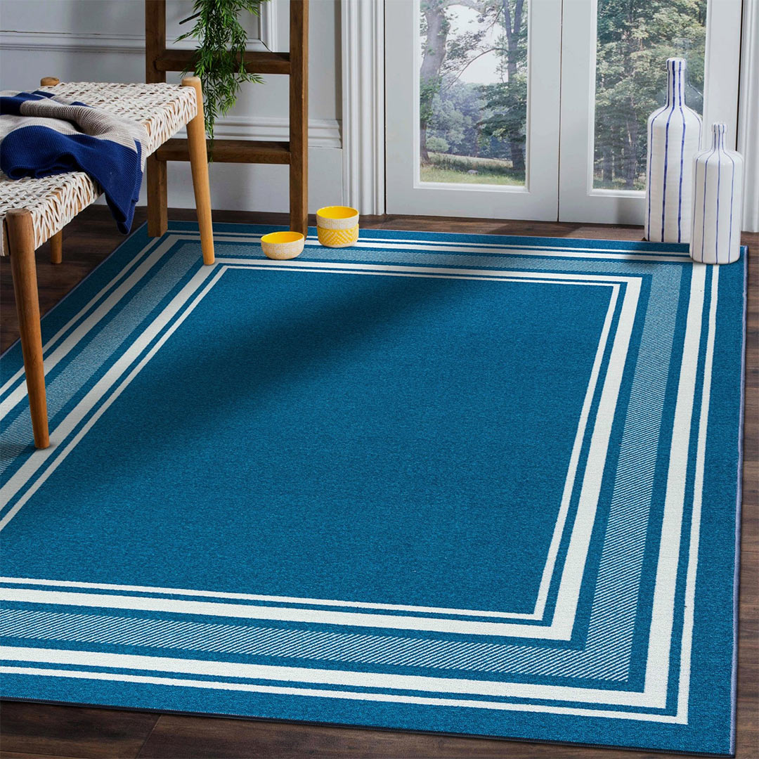 Carmel Blue Bordered Non-Slip Indoor Area Rug