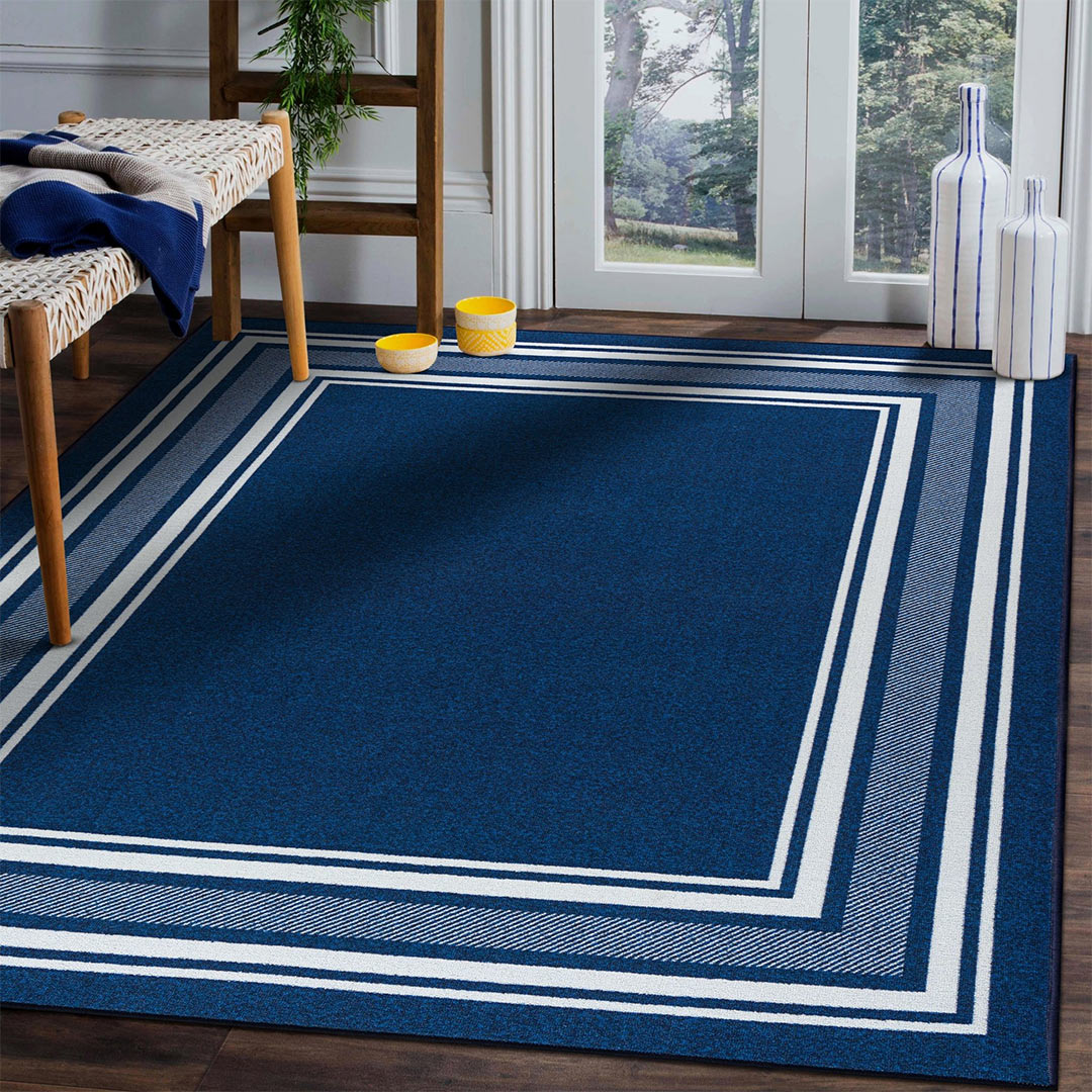 Carmel Navy Bordered Non-Slip Indoor Area Rug