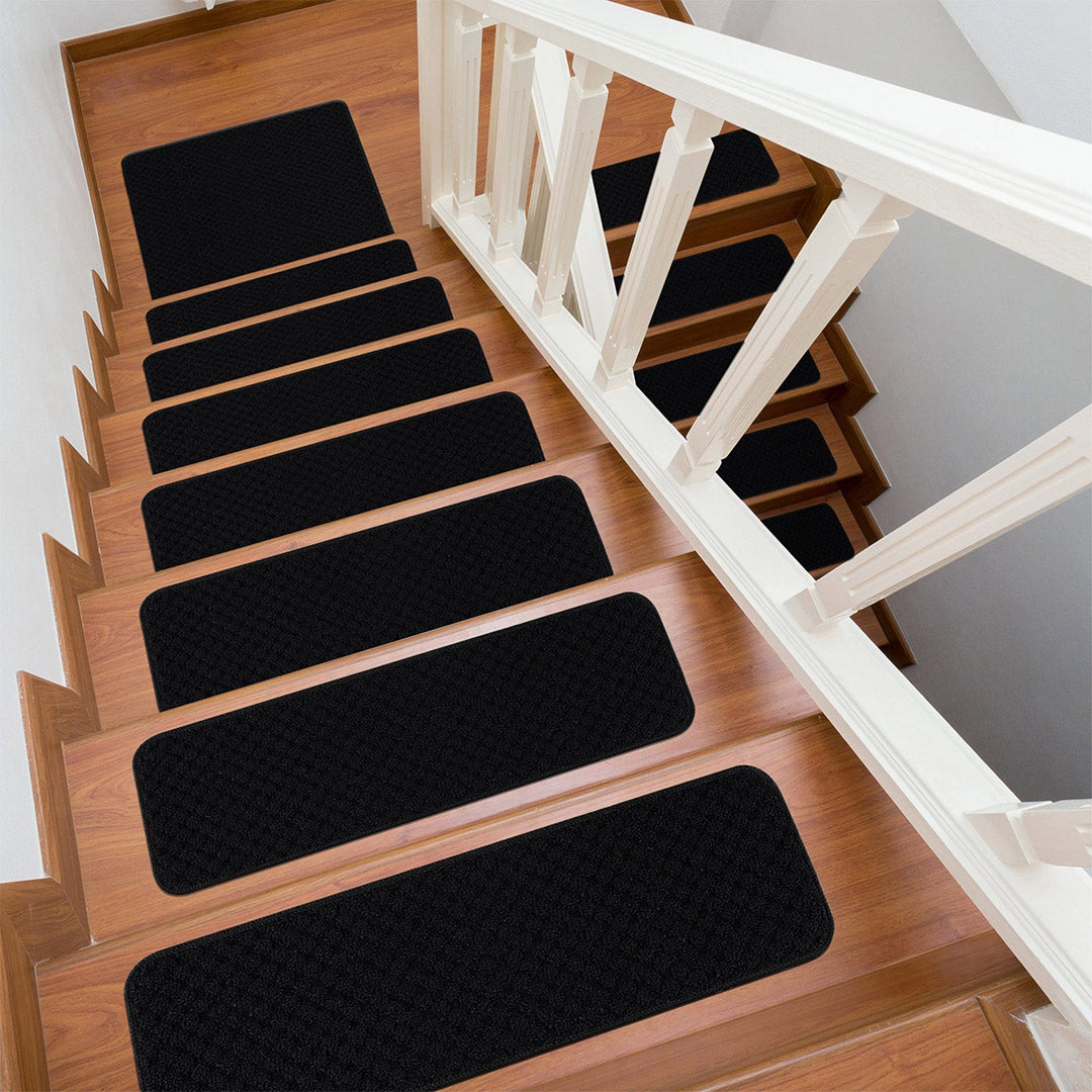 Waffle Black Solid Non-Slip Stair Treads Rug