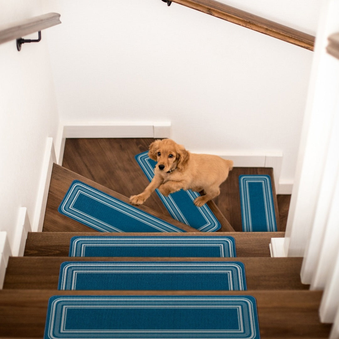 Carmel Blue Bordered Non-Slip Stair Treads Rug