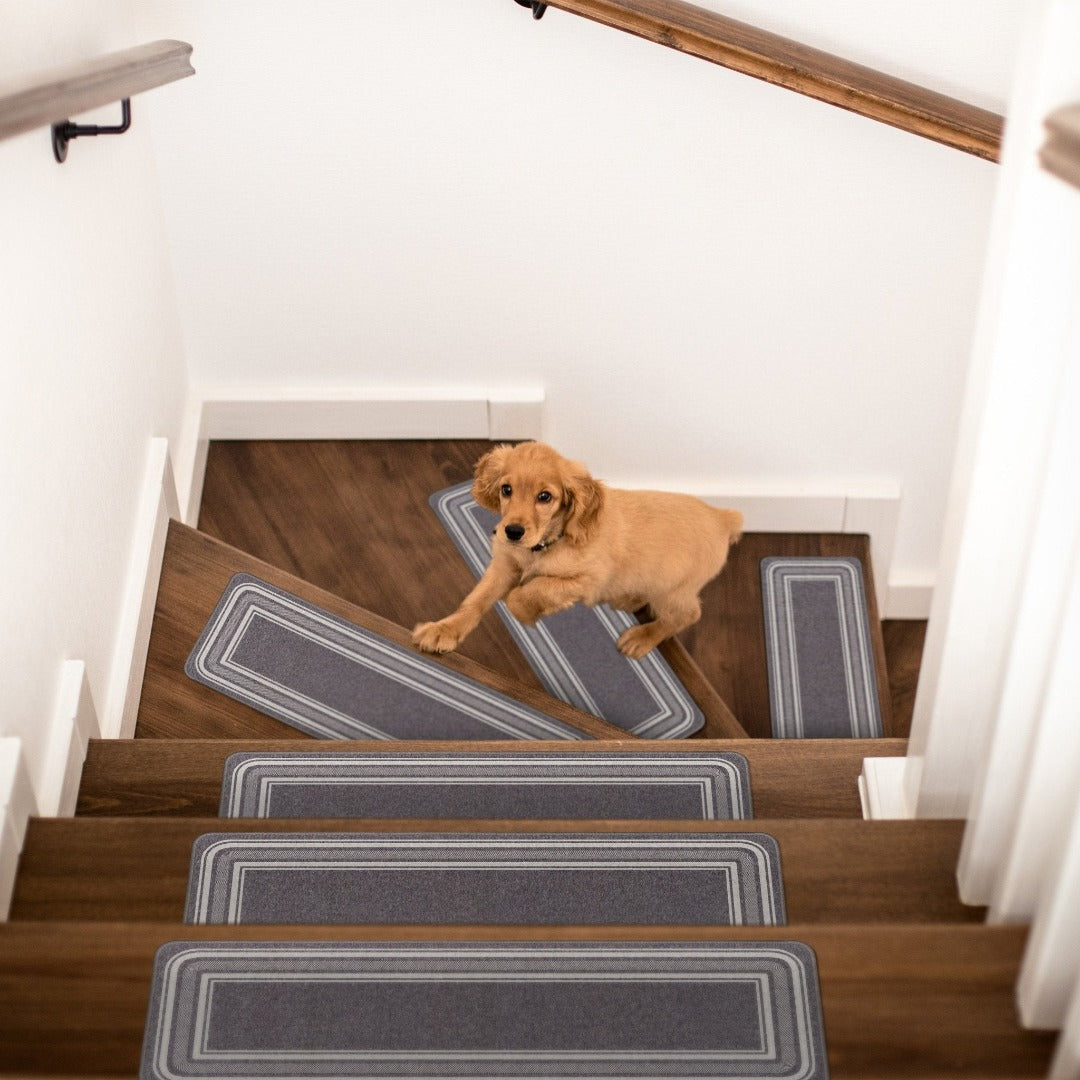 Carmel Gray Bordered Non-Slip  Stair Treads Rug