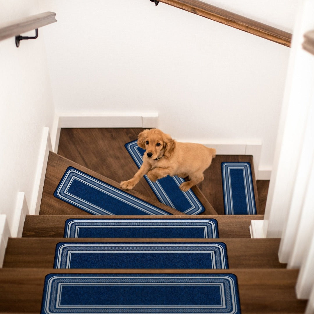 Carmel Navy Bordered Non-Slip  Stair Treads Rug