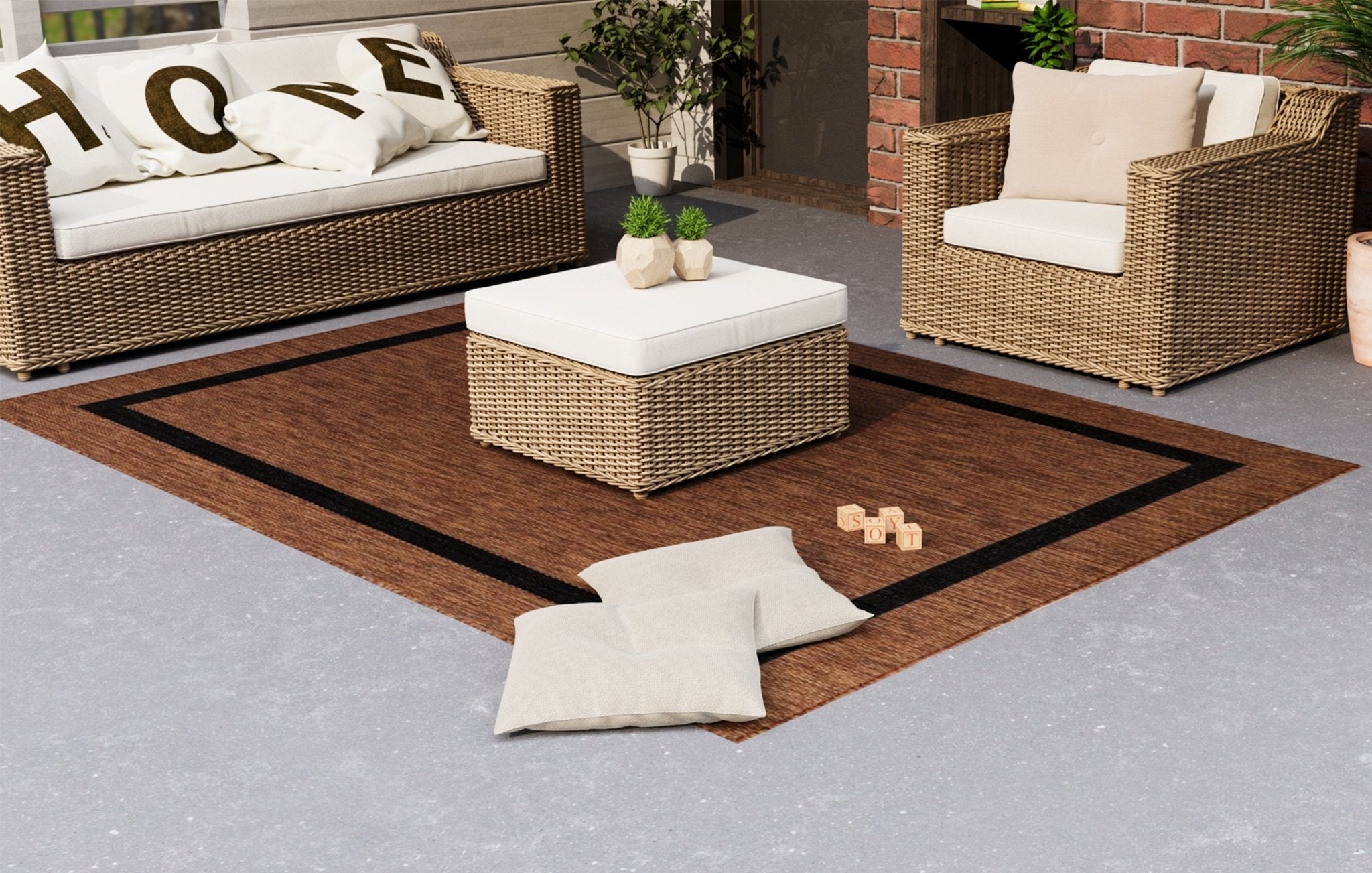 Waikiki Gold Brown Black Bordered Outdoor Area Rug