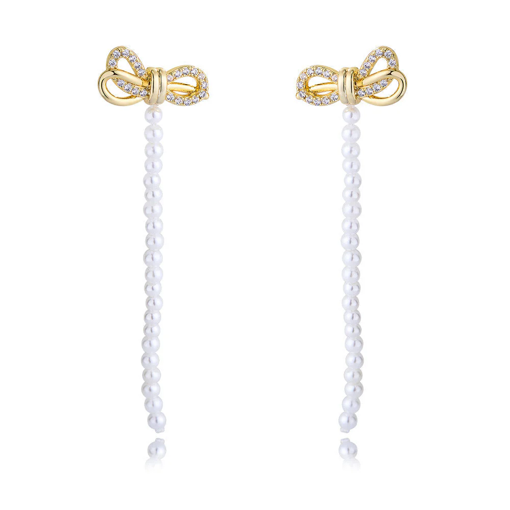 Zircon Bow And Pearl Earrings