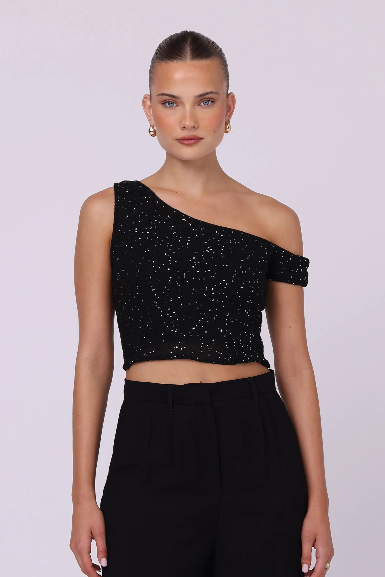 Jaye Asymmetrical Sequin Top Noir