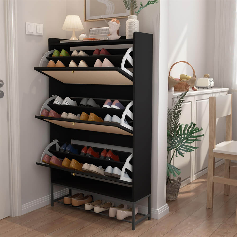 Modern Entryway Wooden Shoe Cabinet Freestanding Tipping Bucket Shoe Rack with 3 Flip Drawers