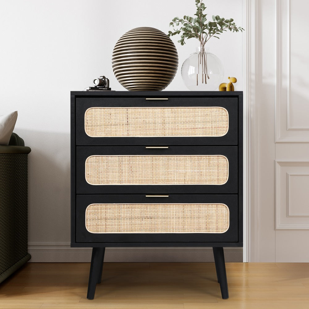 Rattan Nightstand Dresser Table with 3 Drawers