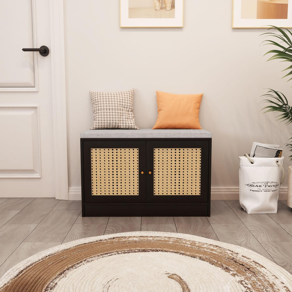 Rattan Bench Shoe Storage with Adjustable Shelves and Padded Cushion