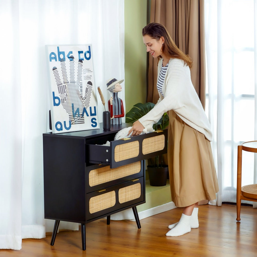 Modern Rattan Dresser Table Storage Cabinet with Wide Drawers and Metal Handles