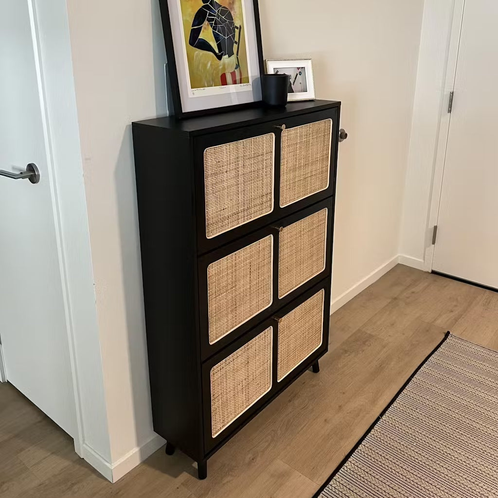 Natural Rattan Shoe Cabinet with 3 Freestanding Flip Drawers