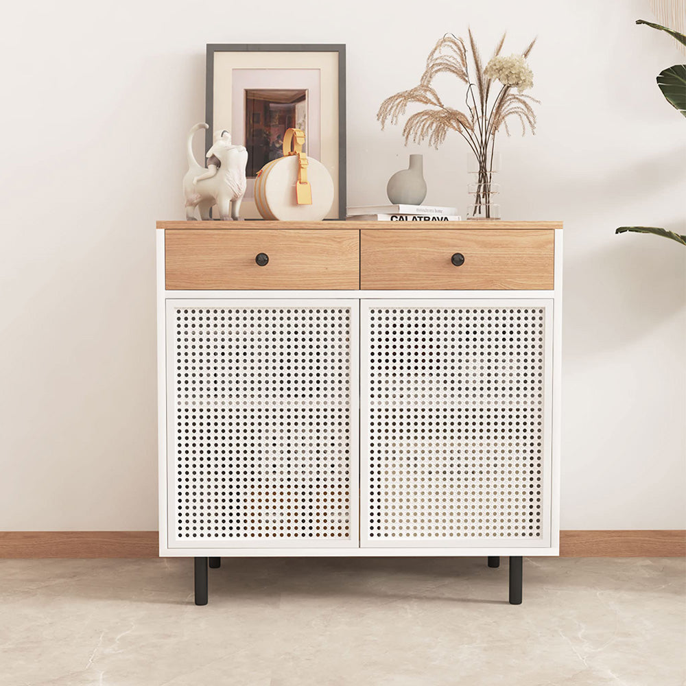 Metal Storage Cabinet with 2 Iron Rattan Doors and Top Drawers